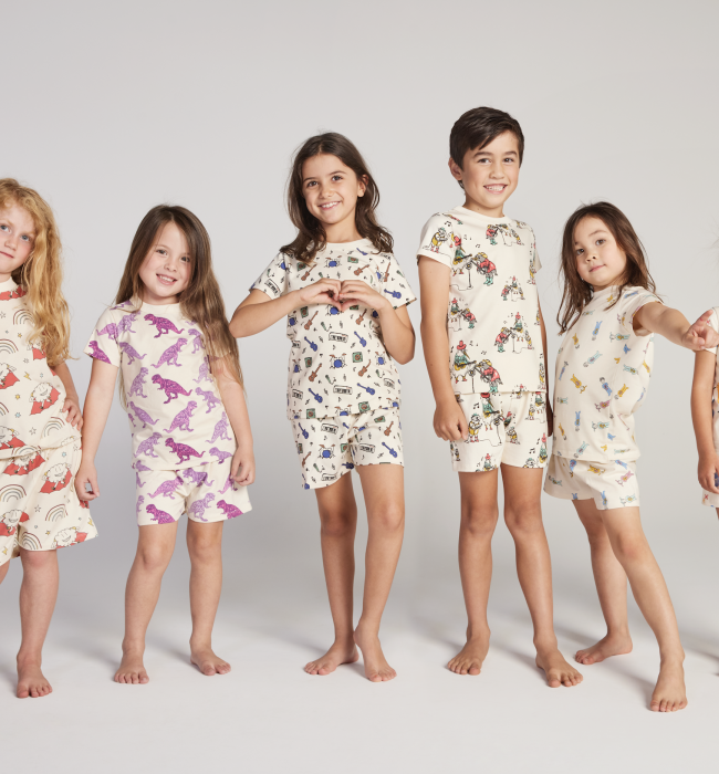 Six children wearing the each of the designs in the Jams collection